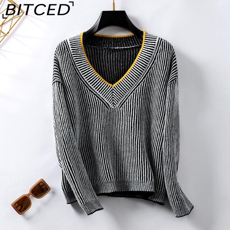 

BITCED V-Neck Striped Sweater Women s Fall/Winter Casual Pullover Loose Knit Top XL чёрный