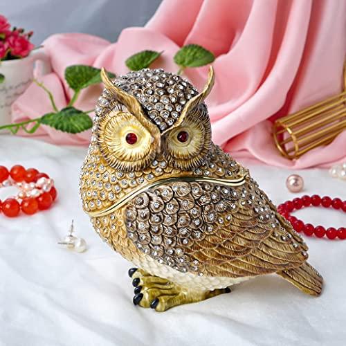 FJ FENGZHIJIE Owl Jewelry Box, Crystal-Decorated Enamel Trinket Box with Gold-Plated Frame, Decorative Animal Storage Case for Rings and Earrings