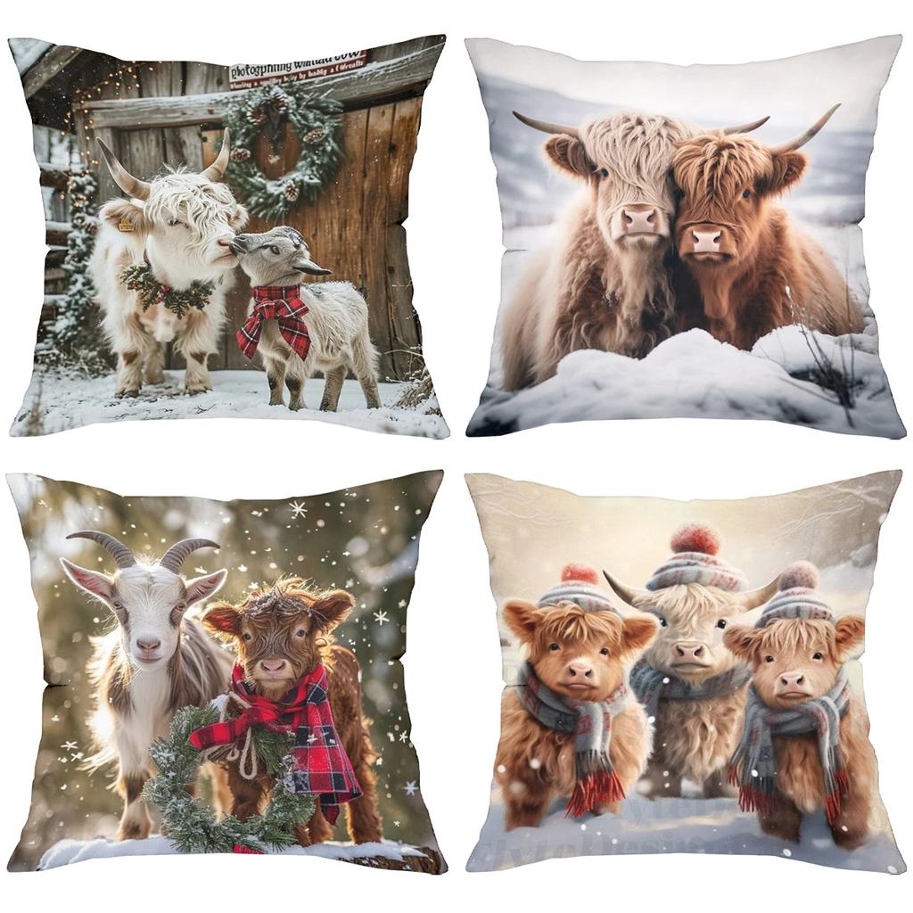 Cute Highland Cows and Goats Winter Pattern Cushion Covers Polyester pillowcase, sofa decorative cushion cov Headboard Pillow