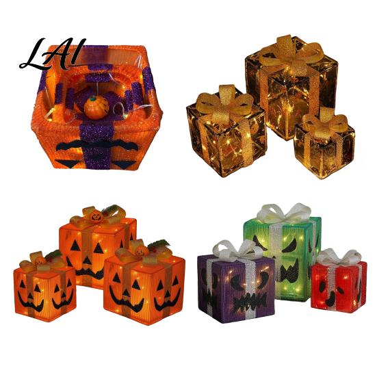 Collapsible Festival Storage Boxes 3Pcs Lighted Halloween Pumpkin Gift Boxes Spooky Face Glowing Decorative Pine Branch Accents Presents Box