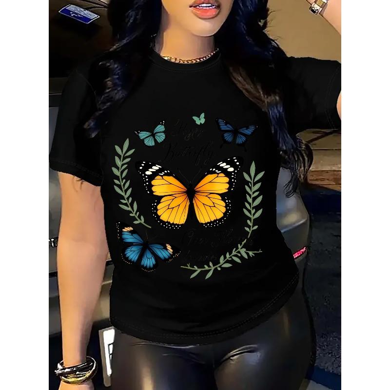 

Women S Casual Crew Neck T-Shirt with Butterfly Print - 100% Polyester Knit Fabric, Breathable & Comfortable, All-Season Short-Sleeve Tee 4XL чорний