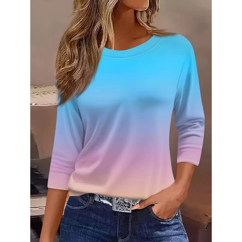 Womens Round Neck 3D Dinosaur Print Tee - Casual Fit 7/8 Sleeve 2025