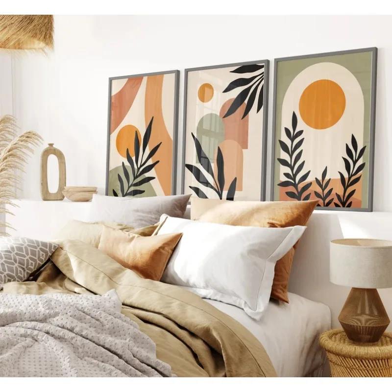 Green Terracotta Nordic Modern Canvas Painting Leaves Colour Block Bedroom Frameless Poster Bohemian Abstract Wall Art Beige