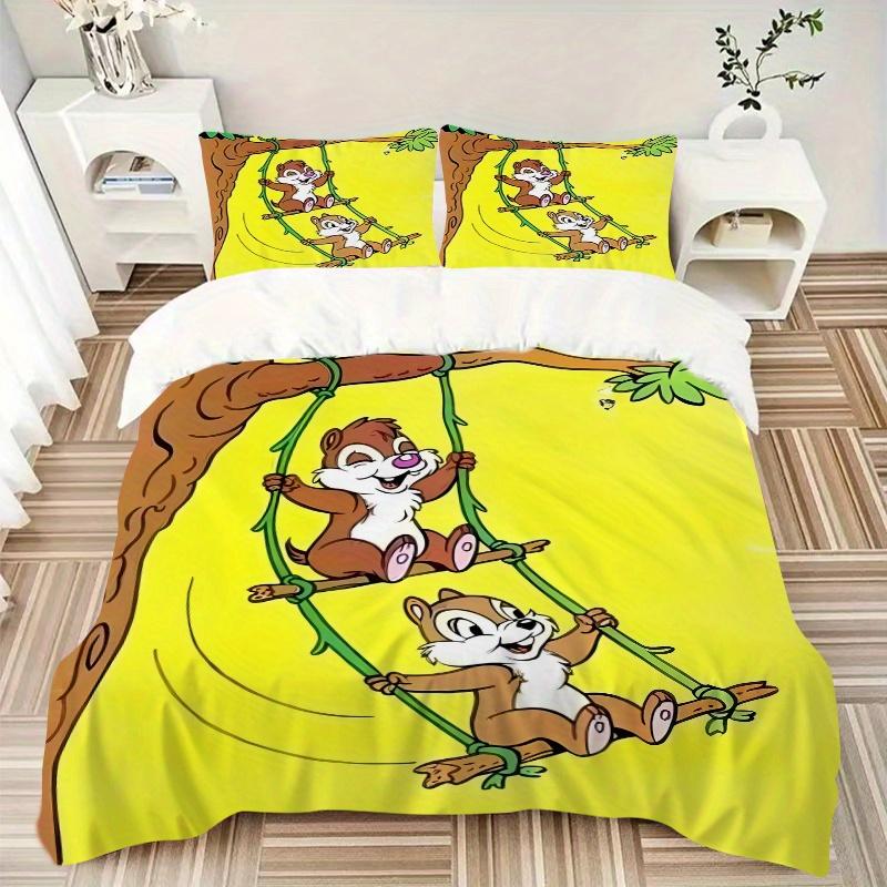 3pcs Chip & Dale on the Swing Pattern Bedding Three-Piece Set (1 Cover + 2 Pillowcases, No Fillings), This Printed Bedding Set Is Soft and Comfor