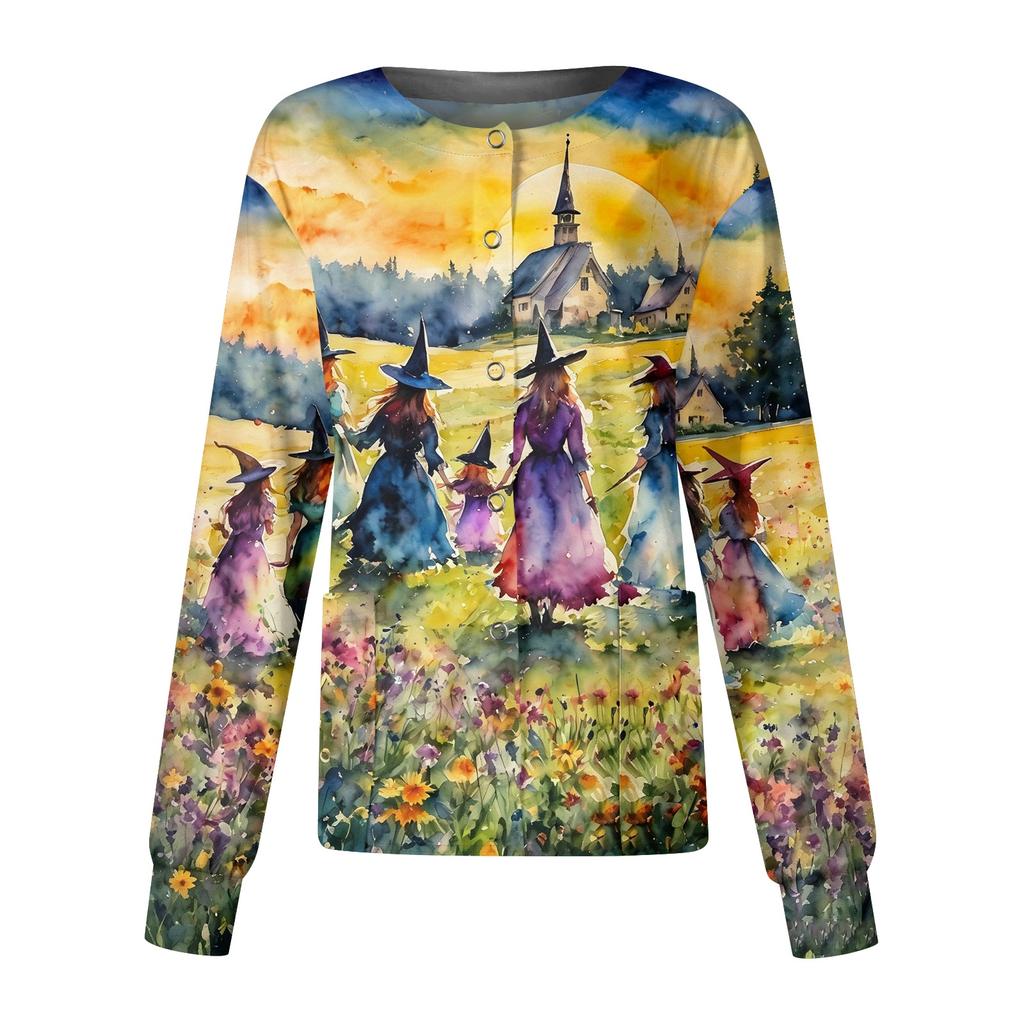 Women's Halloween Printed Long Sleeve Single Breasted Cardigan Top for Costume Party