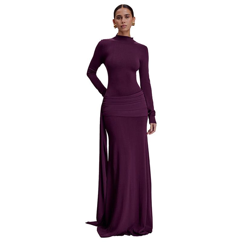 Elegantes Damen Winter Langkleid mit hohem Kragen und gefalteter Rüsche