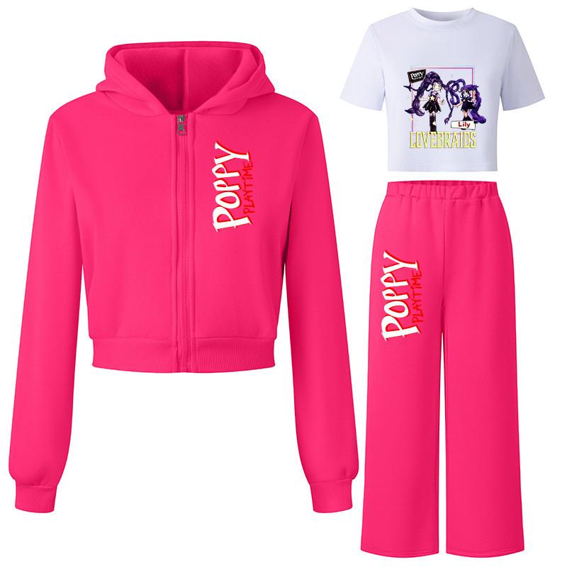 3 Stück/Set Kinder Mädchen Lily Lovebraids Cartoon-Aufdruck Kapuzen-Sportfleece Freizeit-T-Shirt Oberteil Hosen Jacken Sets