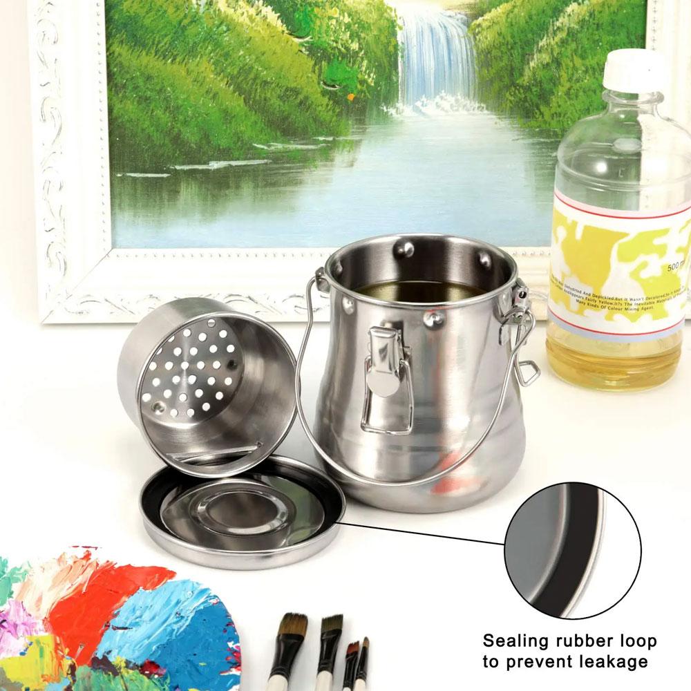 Oil painting brush washer stainless steel oil pot with removable porous filter sealed stainless steel paint brush cleaner
