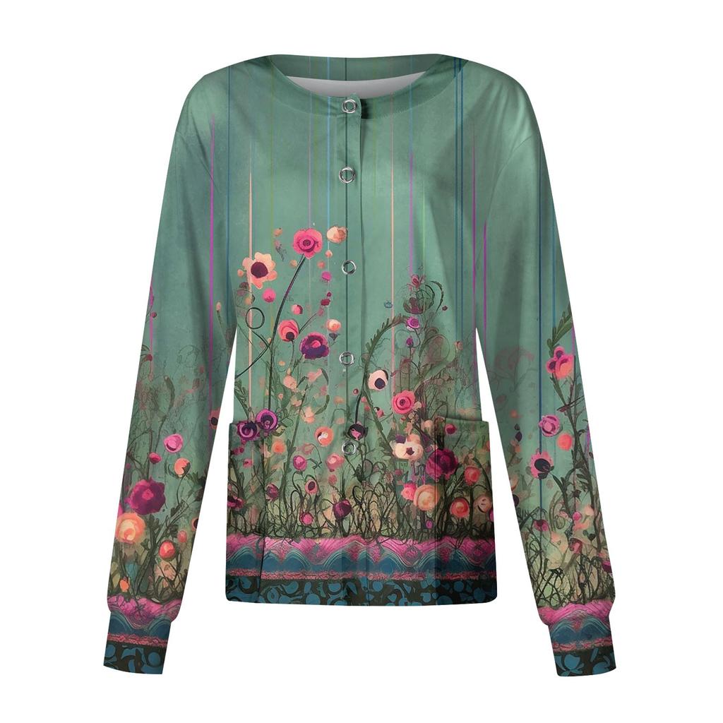 Women Long Sleeve Pattern Pocket Working Stand-up Collar Single-breasted Protective Overalls Cardigan Jacket Top