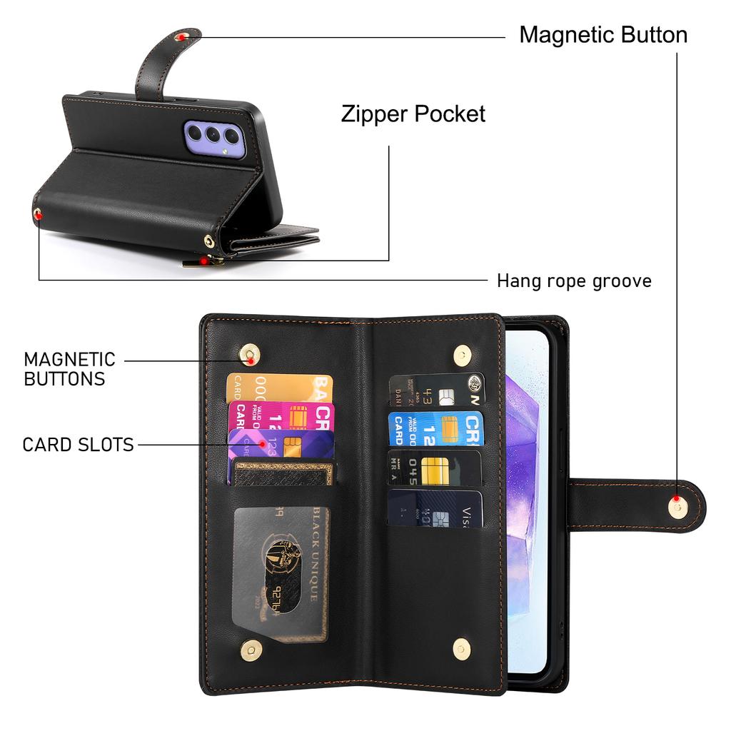 DF-011 For Samsung Galaxy A55 5G Case Zipper Pocket Leather Cover with Multiple Card Slots
