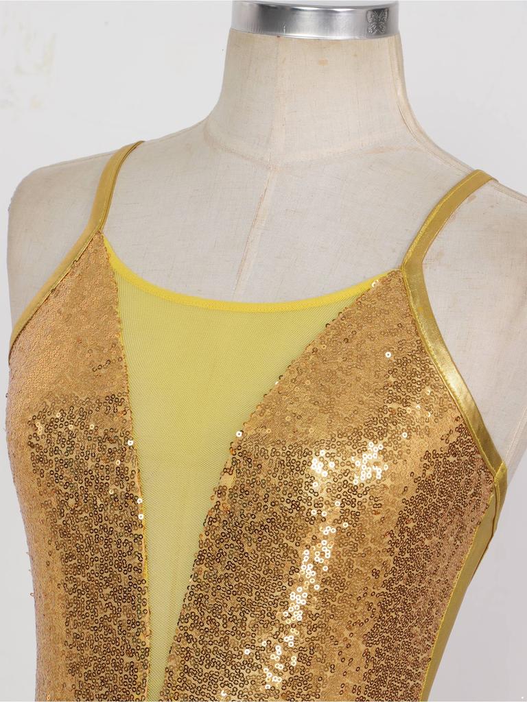 Womens Latin Dance Costume Sparkling Sequins Fringed Leotard with Elegant Cross Back Bodysuit Design
