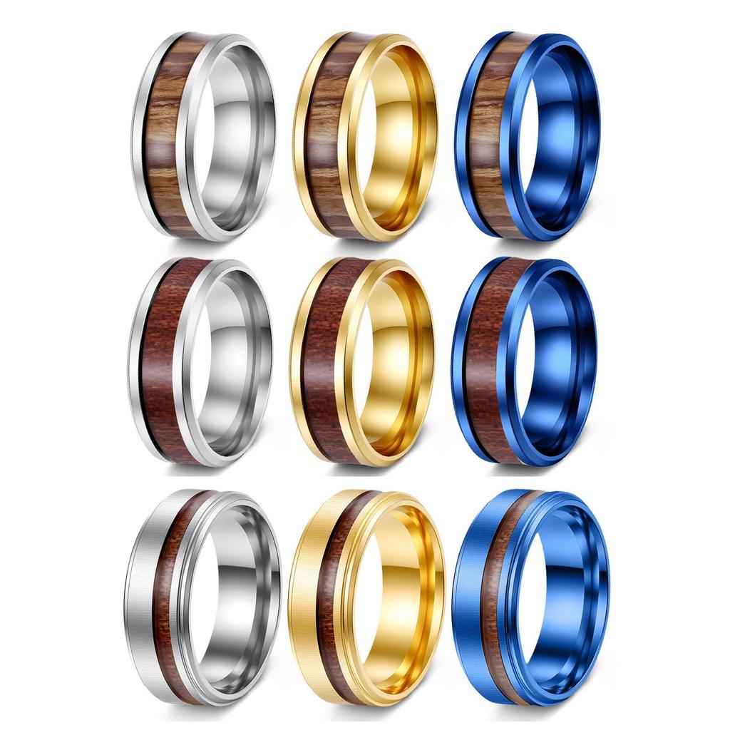 8mm Acacia Wood Inlaid Titanium Steel Men's Ring - Durable, Fade-Resistant Wood Grain Design