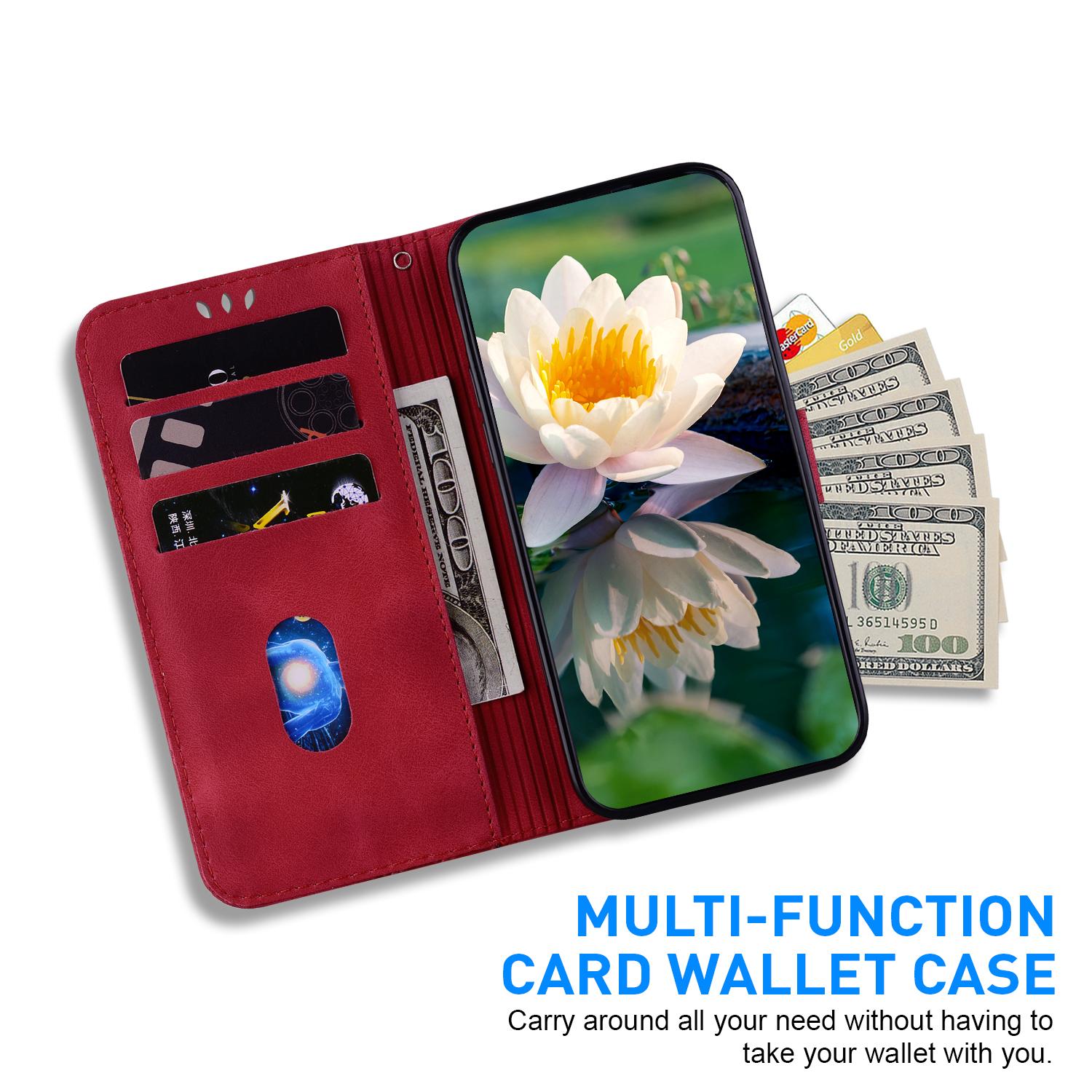 

For Xiaomi Redmi Note 13 4G Wallet Case Lotus Pattern Leather Protective Phone Cover Red