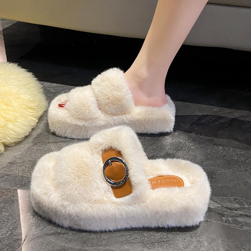 Fashion Women House Slippers 2025 New Designer Plush Slippers Summer Home Furry Fur Slides Women Luxury Slip on Platform Shoes Female