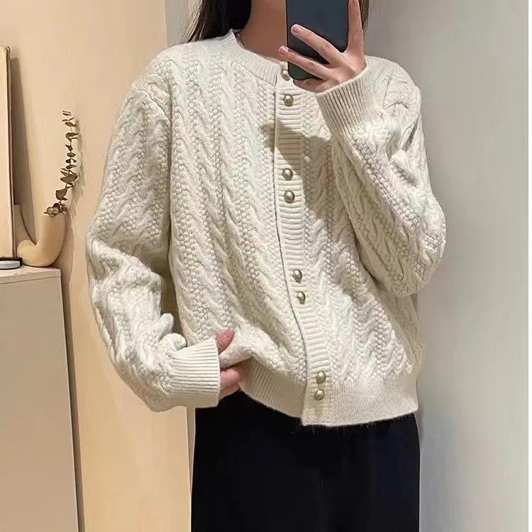 Retro Autumn and Winter Twist Crew Neck Pearl Buckle Knitted Cardigan Women's Soft Waxy Comfortable Versatile Sweater Jacket