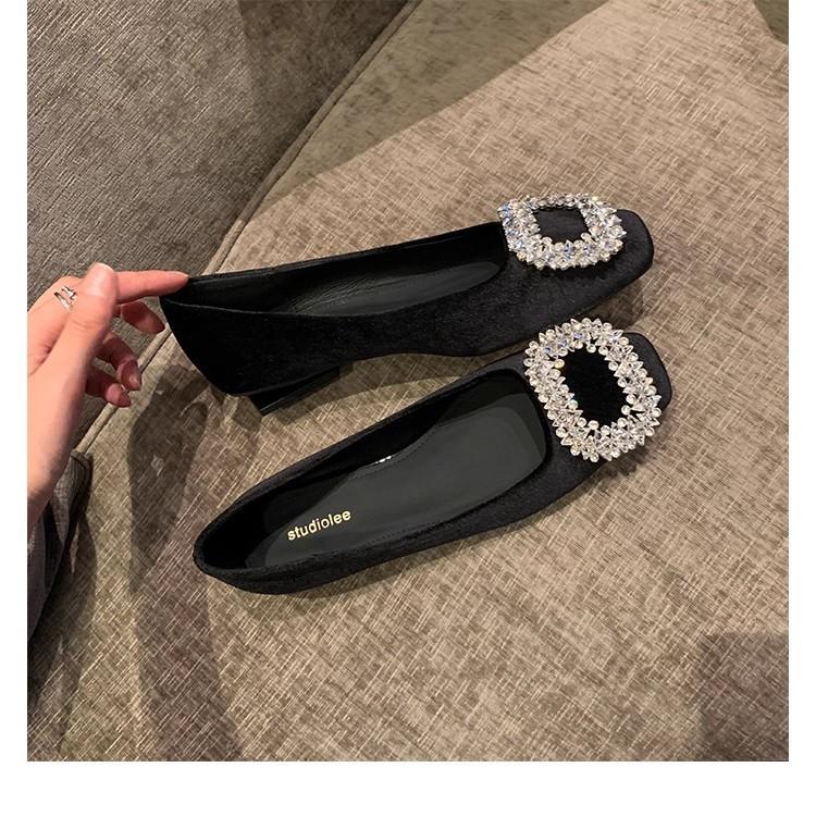 Sheepskin~ Grape Mom Noble Velvet Rhinestone Square Buckle Shallow Mouth Low Heel Single Shoes Women's Commuting Versatile Flat Bottom Banquet Shoes