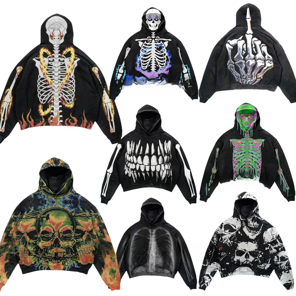 Oversize Men Streetwear Hoodie Skulls Print Long Sleeve Sweatshirts Harajuku Winter American European Hooded Pullovers Y2k