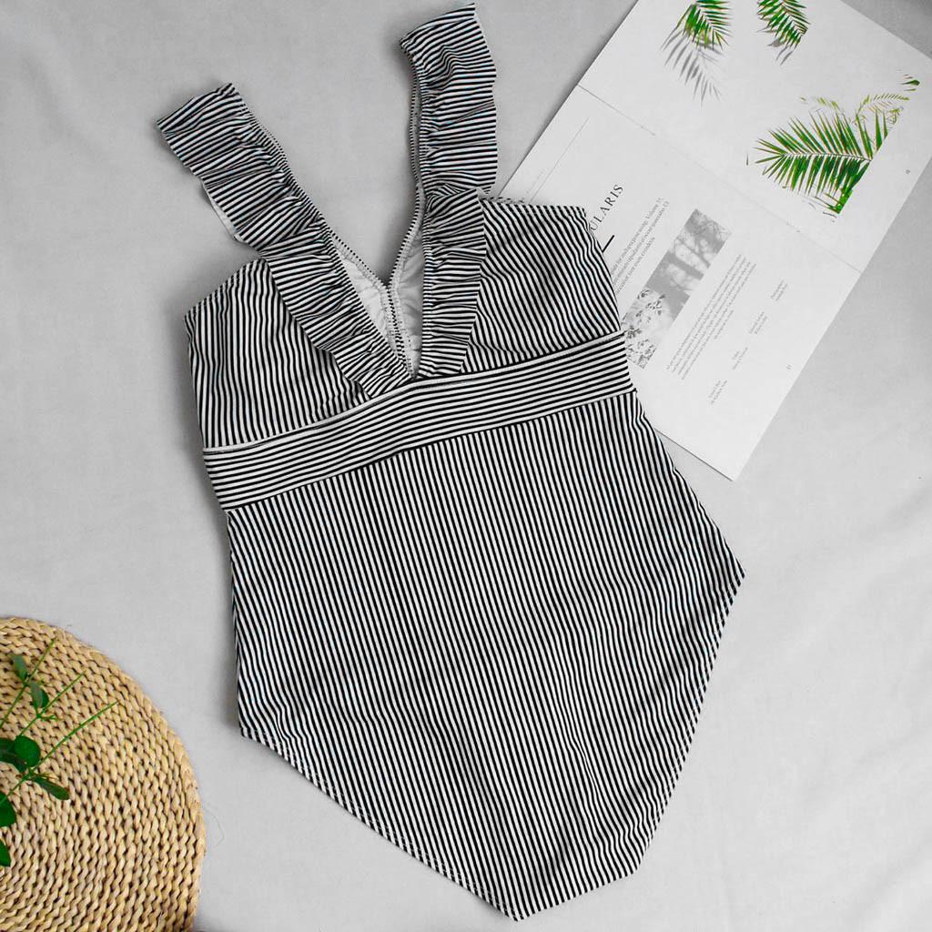 Women's One Piece Swimsuit Ruffled Striped Print Sleeveless Design Slim Fit Beachwear Swimwear for Summer Poolside