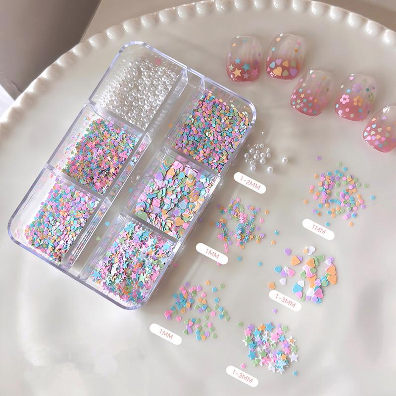 6 Grids Mixed White Pearl Nail Charms 3D Round Pearl Beads Color Sequin Nail Art Rhinestones Manicure Accessories Diy Parts