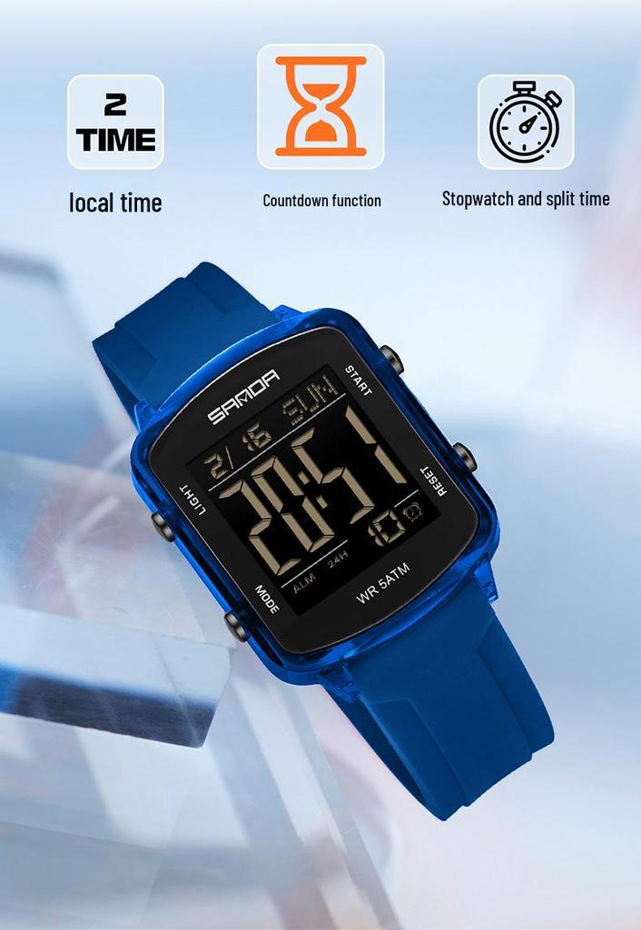 Sanda Dual Time Waterproof Transparent Sports Wristwatch with Colorful Single Display and Student Timer Function
