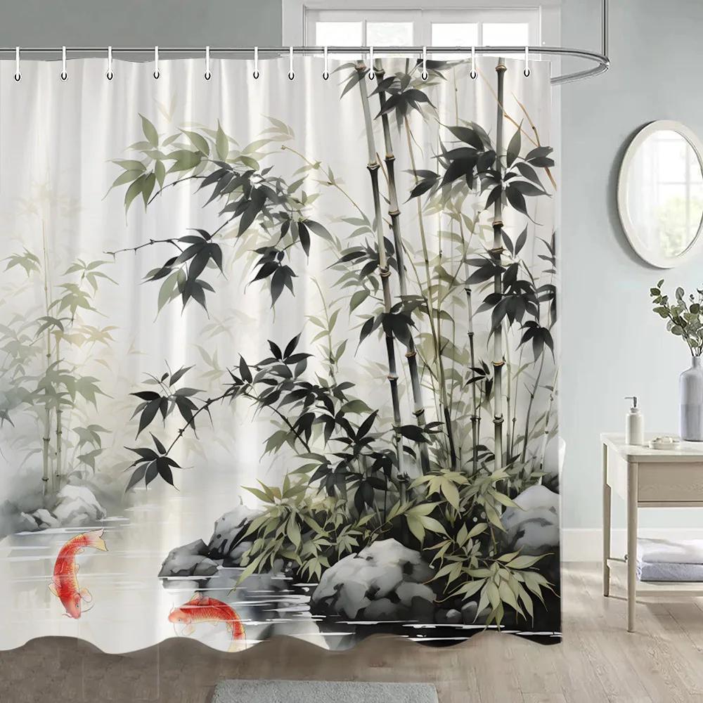Japanese Landscape Shower Curtains Cherry Blossom Koi Fish Lotus Abstract Mountain Sea Waves Polyester Bathroom Decor with Hooks