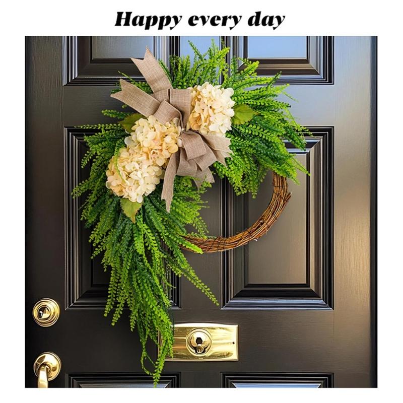 Rustics Floral Wreath Wall Hanging Rattan Frame With Artificial Hydrangea Blooms Ornament For Indoor Decoration