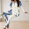 Women Plus Size Blue White Printed Half Zip Long Sleeve Top And Long Pants Two Piece Set