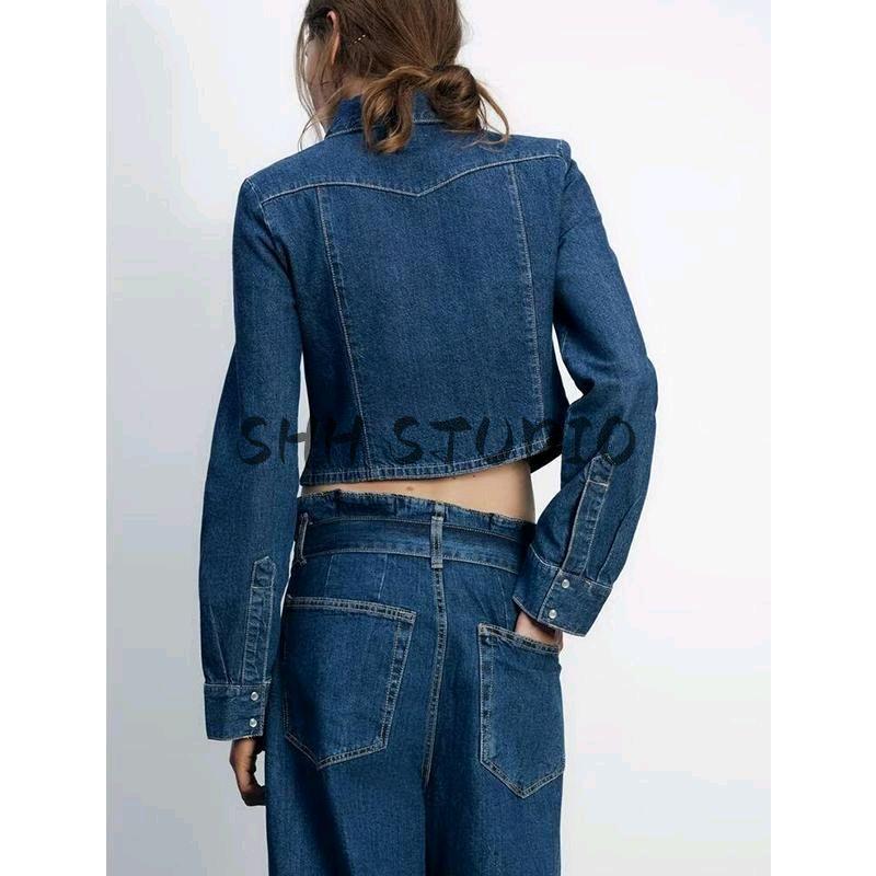 With Belt Paper Bag High Waist Jeans 0250010 Lapel Long Sleeve Short Demin Shirt 4365062