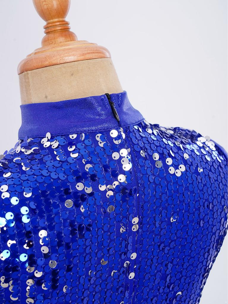 Girls Worship Praise Dance Tunic Dresses Mock Neck Sleeveless Asymmetrical Hem Shiny Sequins Bodice Dress Contemporary Dancewear