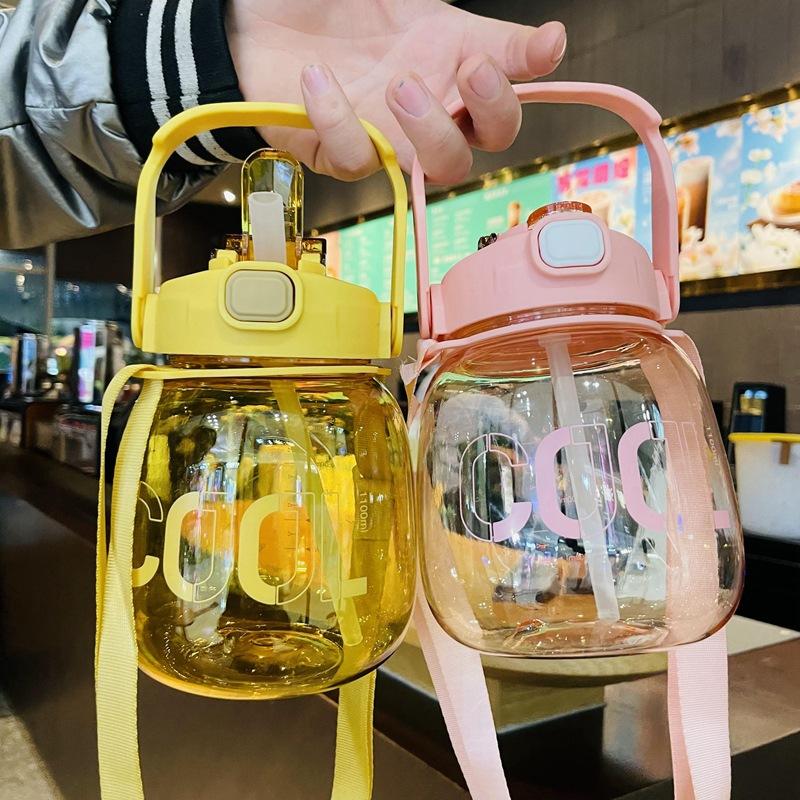 Doppelter Trinkbecher, 1100 ml, großer Bauchbecher, tragbarer Griffgurt, Plastikstrohbecher, großer Bauchwasserbecher