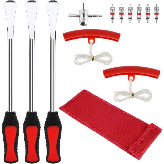 13Pcs Motorcycle Tyre Repair Tool,11.5" Tire Spoon Changer Tools Set With 3 Tire Levers Spoon & 2 Sleeves & 6 Valve Core & Wrench, Tire Tool Kit