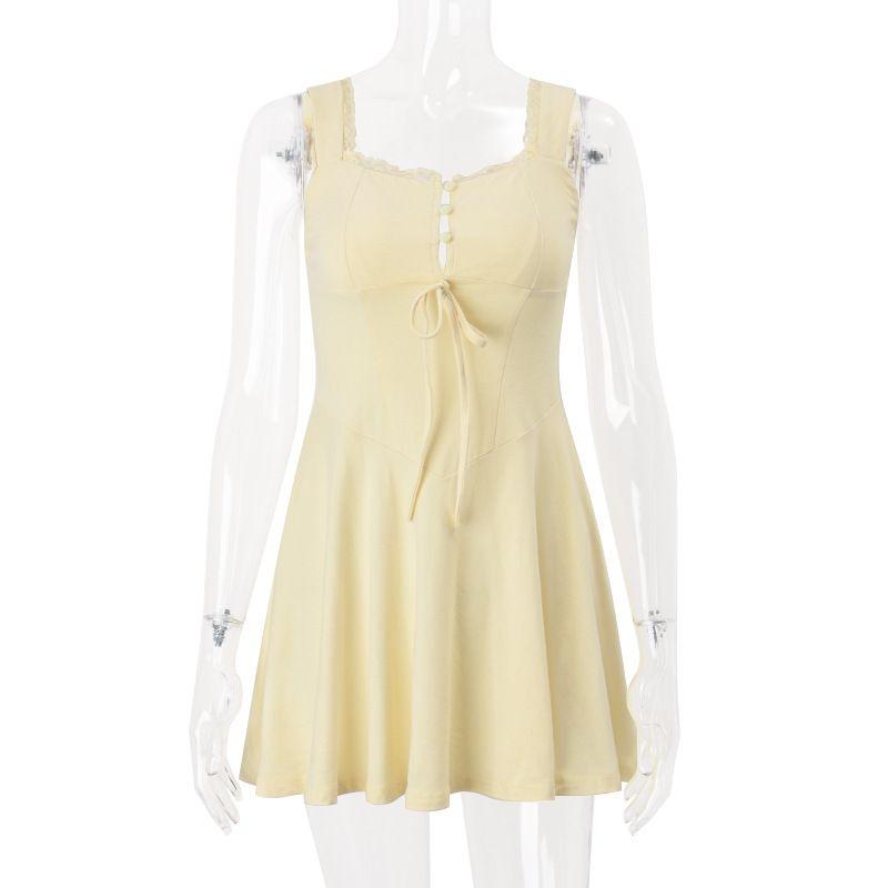 

Outfitgirl3 Yellow Lace Edge Width Spaghetti-Strap Strap Dress French Style Silm Small Tall Skirt Yellow L