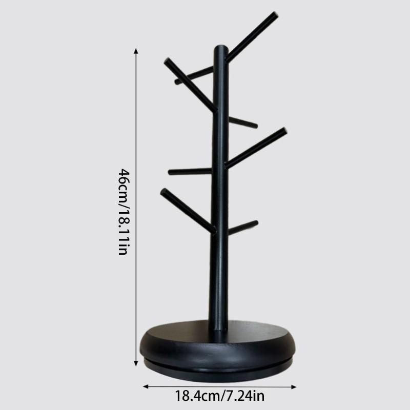 Modern Black Bamboo Mugs Tree Stand With 8 Hanging Hook, Space Saving Coffee Cup Organizers