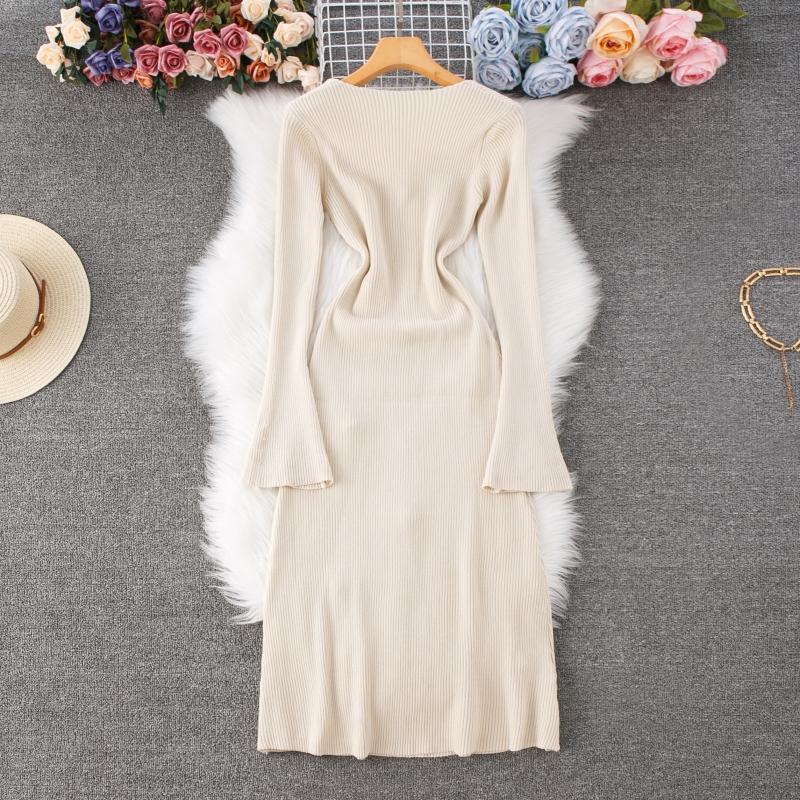 Autumn Winter Women Elegant V-neck 3D Flower Knitted Sweater Long Midi A-line Dresses