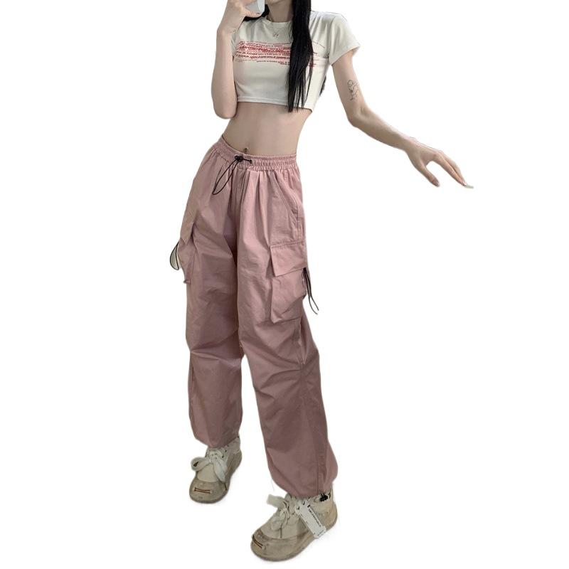 Women Cargo Pants Hip Hop Baggy Solid Color Multi Pockets Elastic Waist Match Top Loose Breathable Lady Trousers