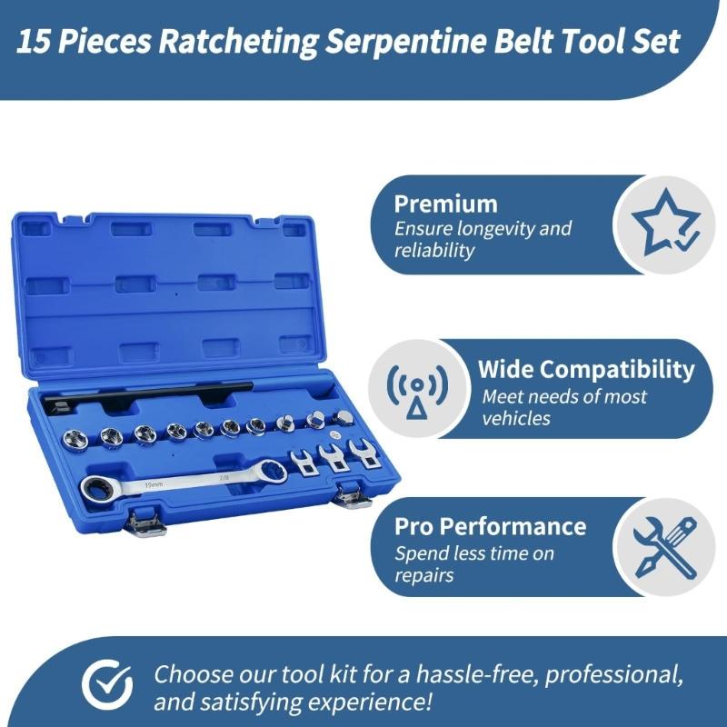 15Pieces Adjustable Serpentine Belt Tensioner Tool Kit Pulley Removal Wrench Tool for Automotive Repair and Maintenance