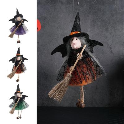 Realistic Halloween Witch Pendant Holding Broom Halloween Pendant Decor Witch Doll Haunted House