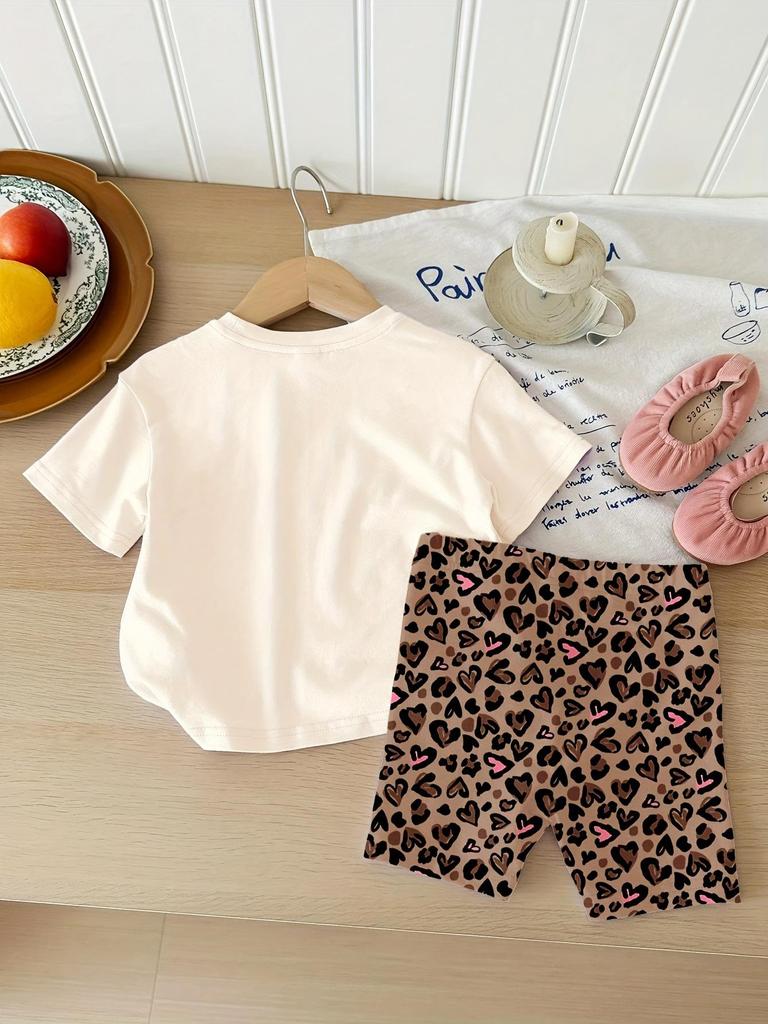 INS Girls' Heart Leopard Print Summer T-shirt & Shorts Set - New 2025 Arrival