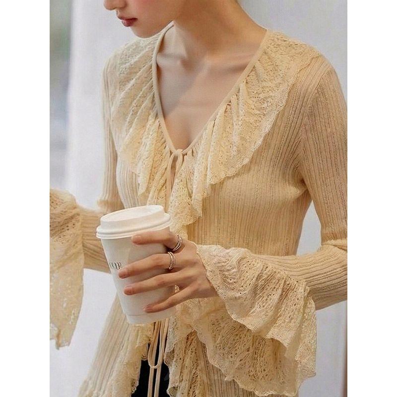 French-Style Lace Ruffle V-Neck Waist-Cinching Knitted Cardigan for Women, Elegant and Fashionable Apricot-Colored Top for Spring
