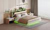 Gestoffeerd Bed 160*200 met LED-verlichting en USB-poort, Hoofdbord met Opbergruimte, Zwevend Bed Jeugd Bed Volwassen Bed, Linnen Stof, Beige