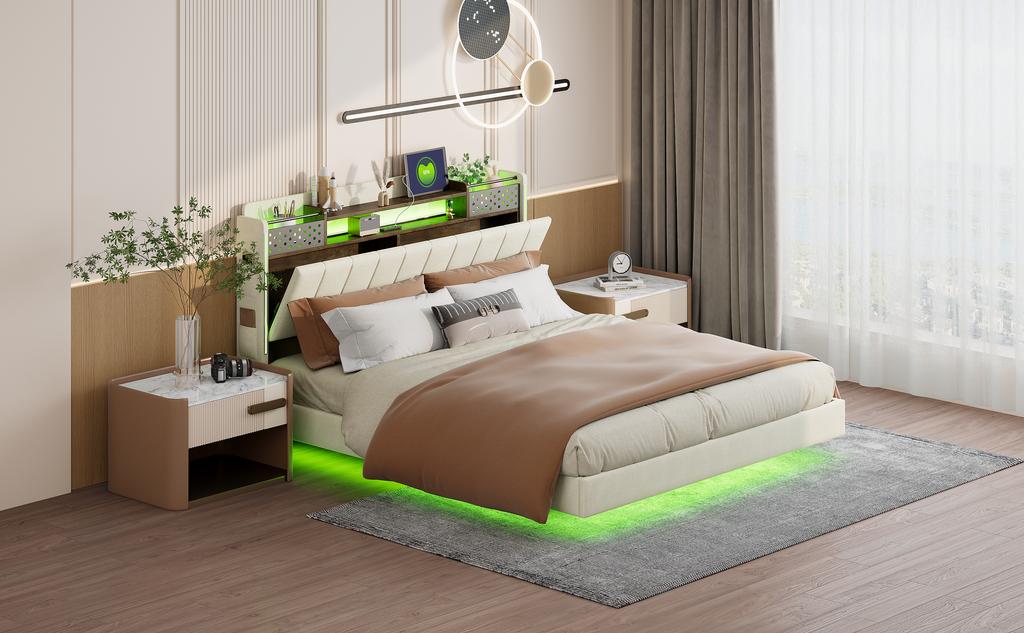 Gestoffeerd Bed 160*200 met LED-verlichting en USB-poort, Hoofdbord met Opbergruimte, Zwevend Bed Jeugd Bed Volwassen Bed, Linnen Stof, Beige