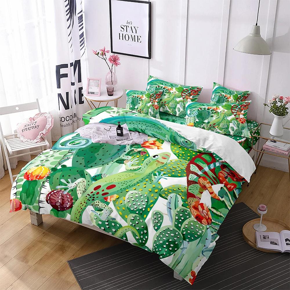 Cartoon Cactus King Queen Duvet Cover Succulent Plants Bedding Set For Adults Green Tropical Desert Plants Polyester Quilt Cover