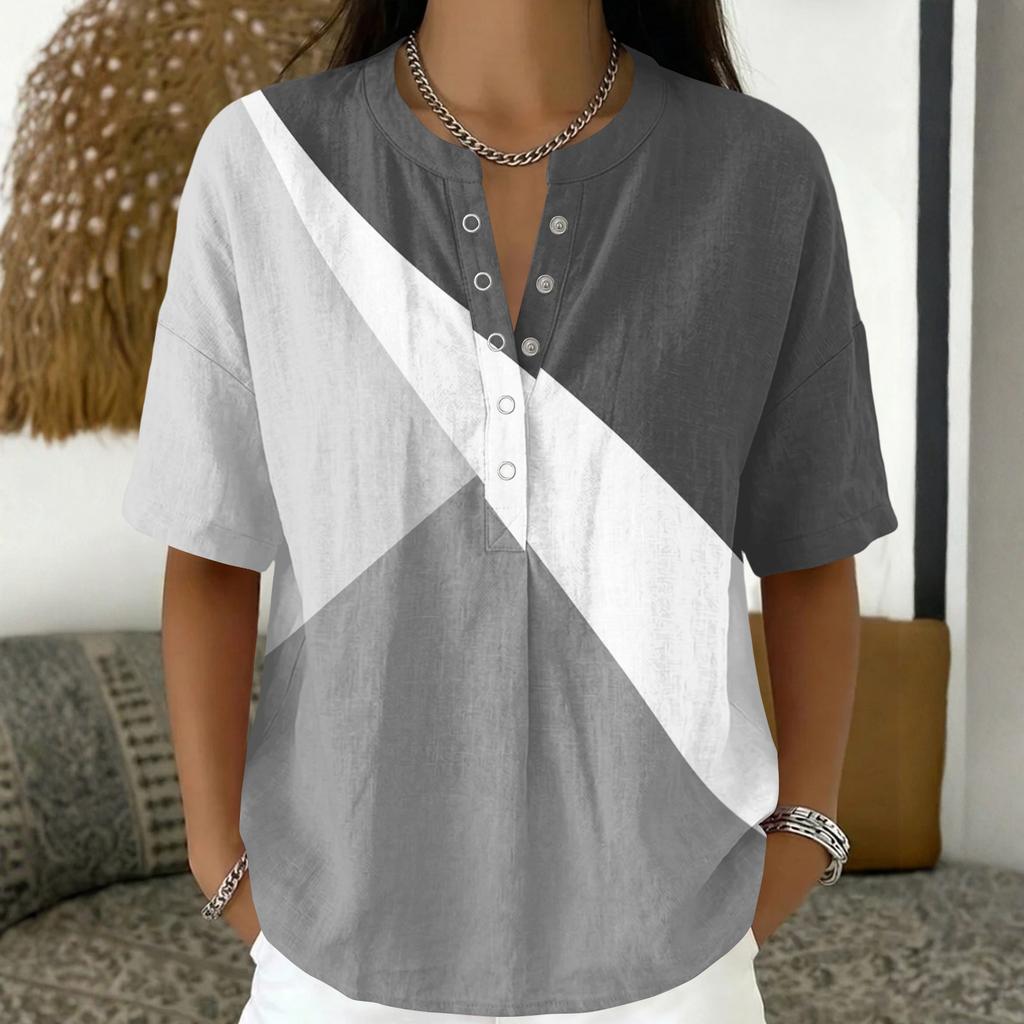 Women's Fashion V Neck Pullover Shirt Short Sleeve Casual Blouse Lightweight Loose Fit Top with Button Detail and Horizontal Stripe Pattern