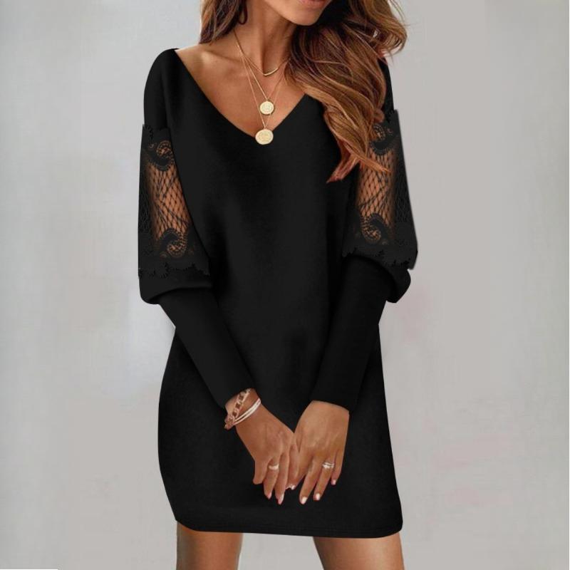 Autumn Women's V-Neck Long Sleeve Printed Lace Splicing Dresses