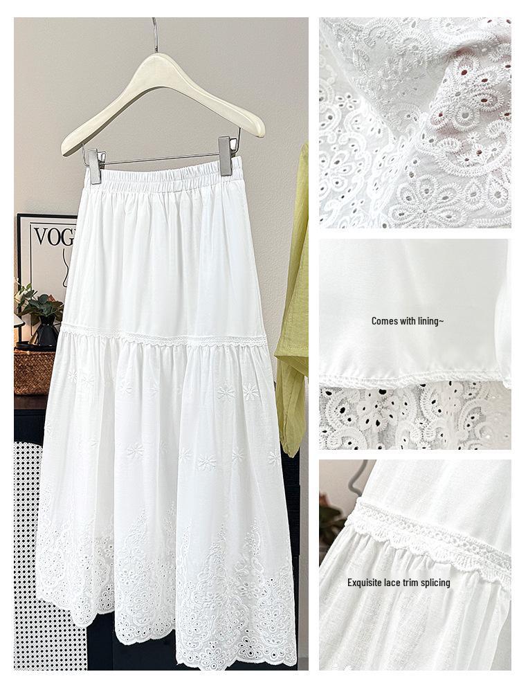 French Embroidered Lace High-Waist A-Line Flared Skirt for Women - Spring/Summer 2026 Collection (White)