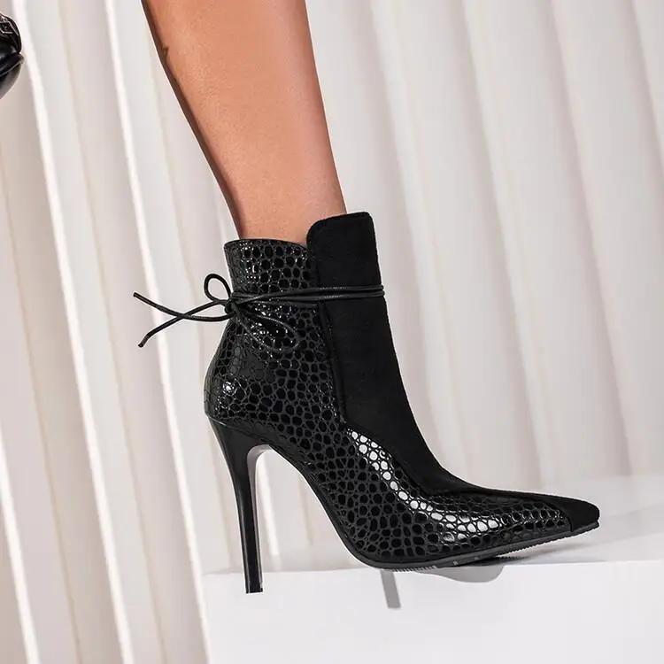 Snake Print Mixed Color Ankle Boots Women's Autumn Winter Short Boots Stiletto Heel Pointed Toe Lace UpLeather Boots