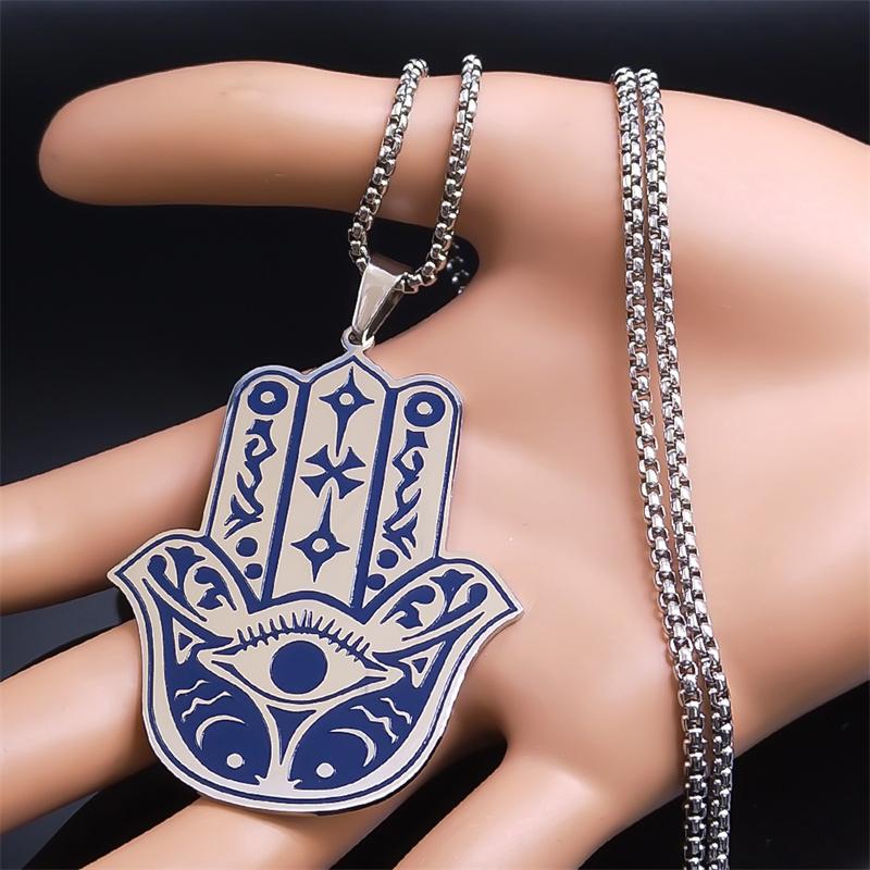 Collier Main de Fatima Hamsa pour Femmes Hommes Acier Inoxydable Couleur Bleue Œil de Turquie Poisson Grand Pendentif Collier Bijoux collier