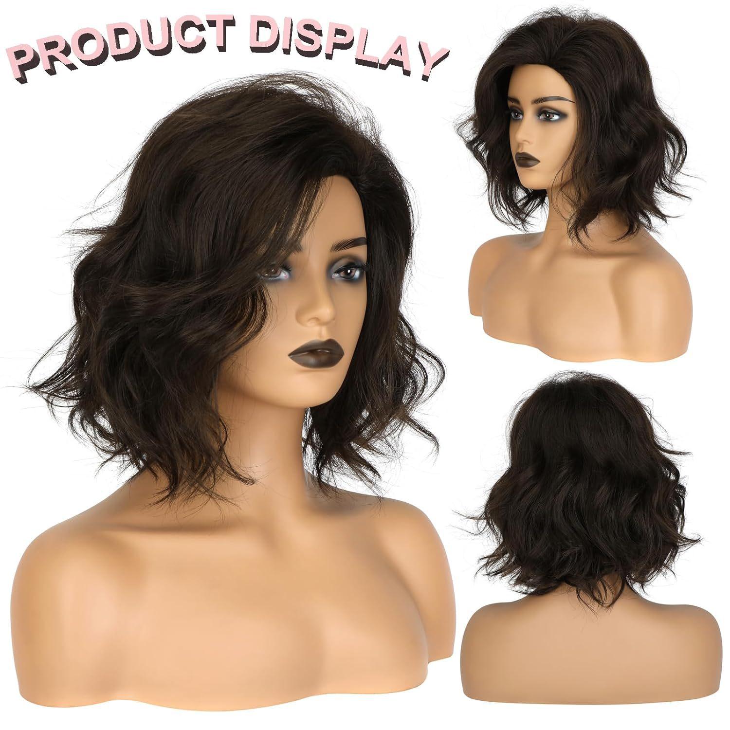 

Женские короткие черные коричневые вьющиеся парики боб синтетический пушистый парик с боковой челкой волосы для повседневного использования вечерние косплей парики высокой температуры чёрный