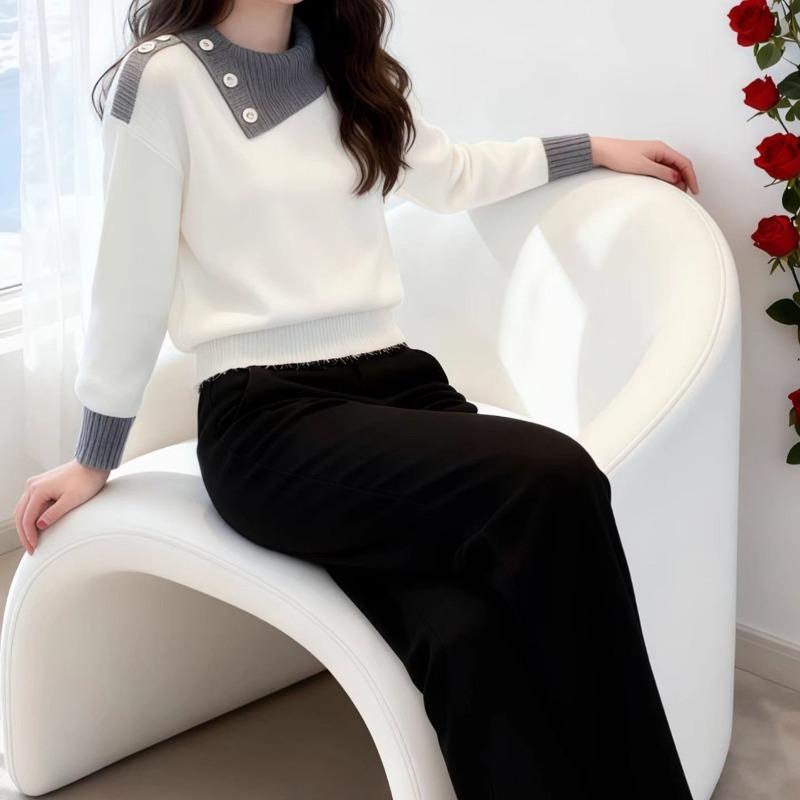 High-end Contrasting Color Warm Sweater Women's Short Autumn and Winter Lapel New Fashion Style Versatile Top