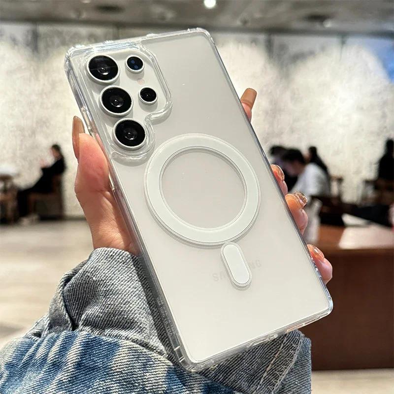 Magsafe Magnetic Charge Phone Case For Samsung Galaxy S25 Edge S23 S24 Ultra S22 S21 FE A16 A15 A35 A55 Clear Acrylic Slim Cover